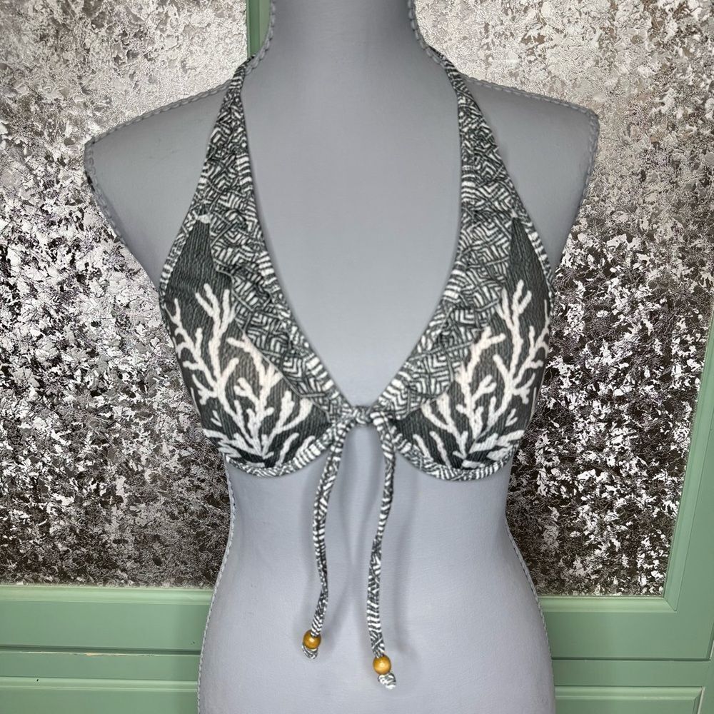 Loco Boutique Dark Gray Coral Pattern Ruffle Triangle Bikini Top Size Medium